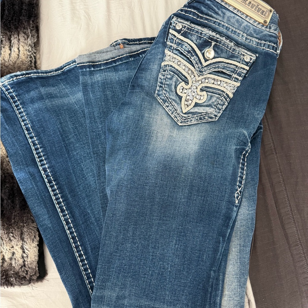 Rock Revival Blue Boot Cut Jeans with White Stitching